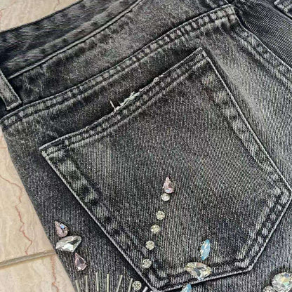 American Retro Washed Personalized Trend Street Loose Straight Diamond Decorated Denim Shorts for Men and Women