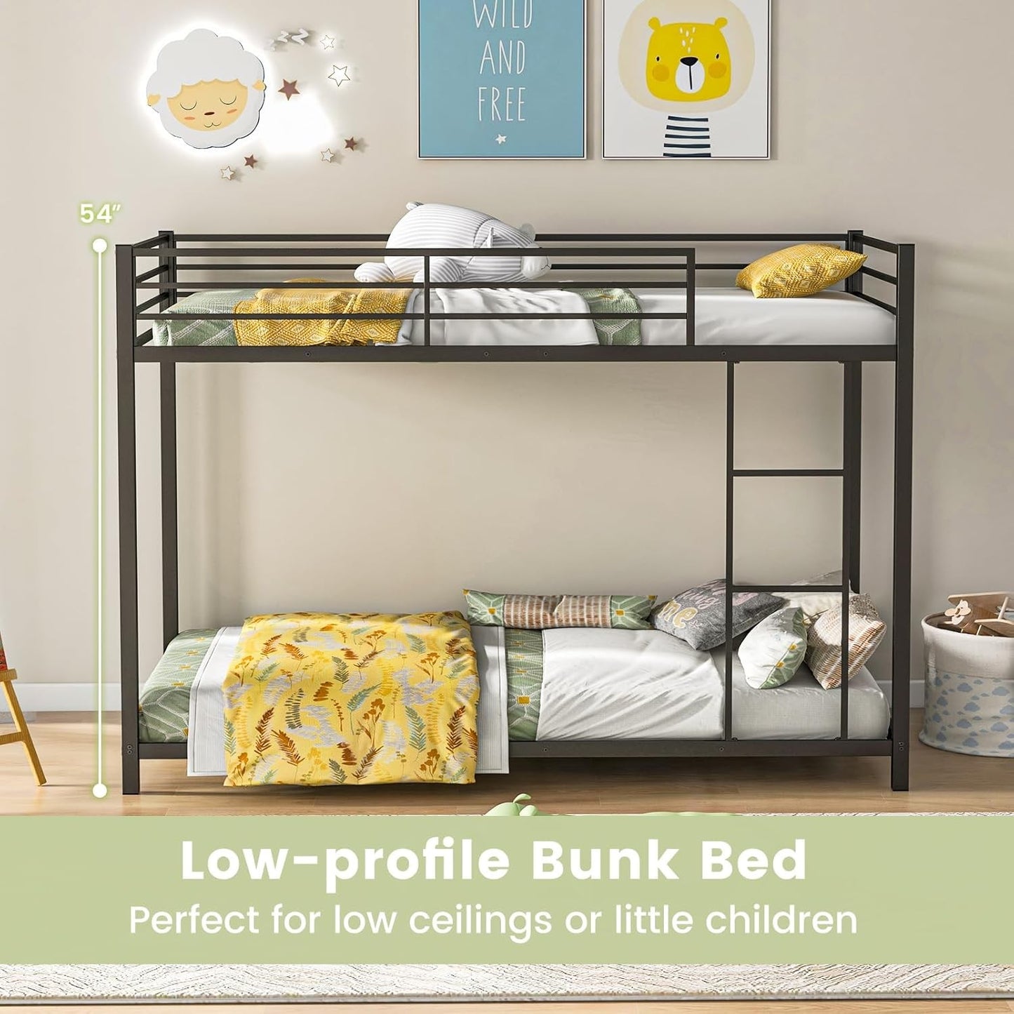 Metal Bunk Bed Twin Over Twin, Low Profile Bunk Bed Frame with Ladder & Full Length Guardrail, Space-Saving Twin Size Be