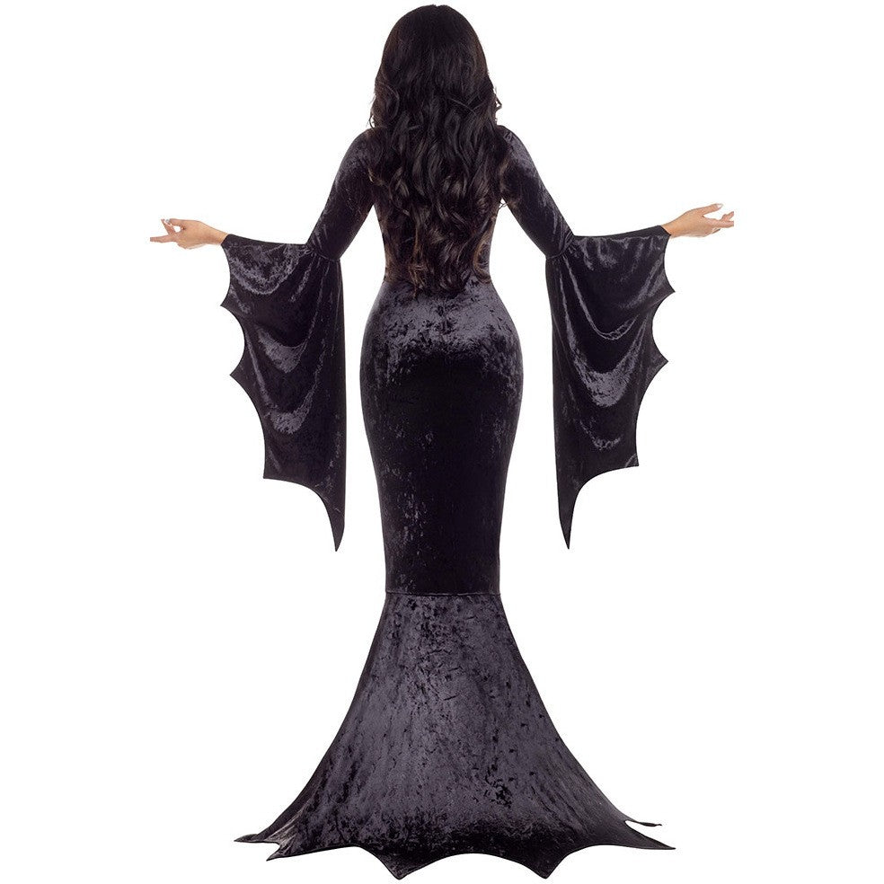 Witchy Costume Morticia Addams Long Train Dress Halloween Terror Dark Outfit Gothic Gown Robe Bat Sleeve Horror For Adult