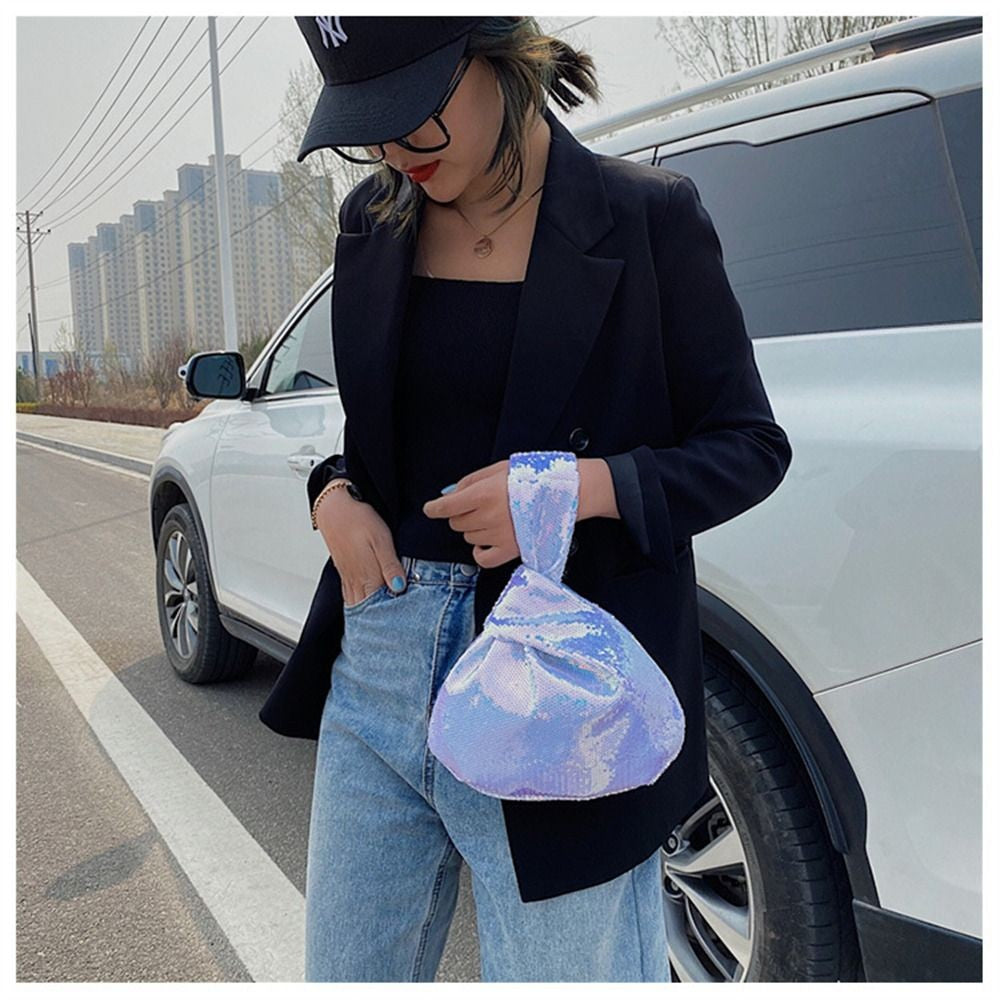 Ladies Trendy Fashion Reversible Sequin Evening Clutch Purse Women Girls Small Glitter Wrist Knot Bag