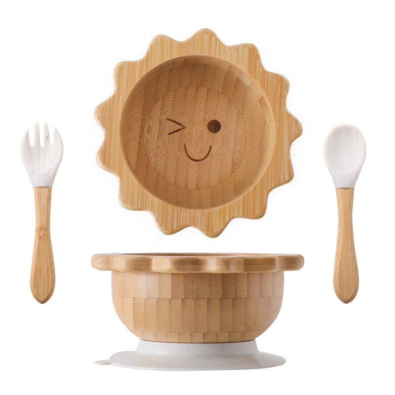 Baby Wooden Tableware Set Could Bamboo Wooden Plate Bowl Silicone Suction Wooden Handle Fork Spoon for Children Feeding Supplies