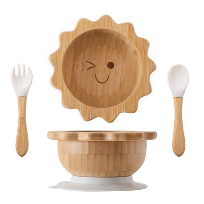 Baby Wooden Tableware Set Could Bamboo Wooden Plate Bowl Silicone Suction Wooden Handle Fork Spoon for Children Feeding Supplies