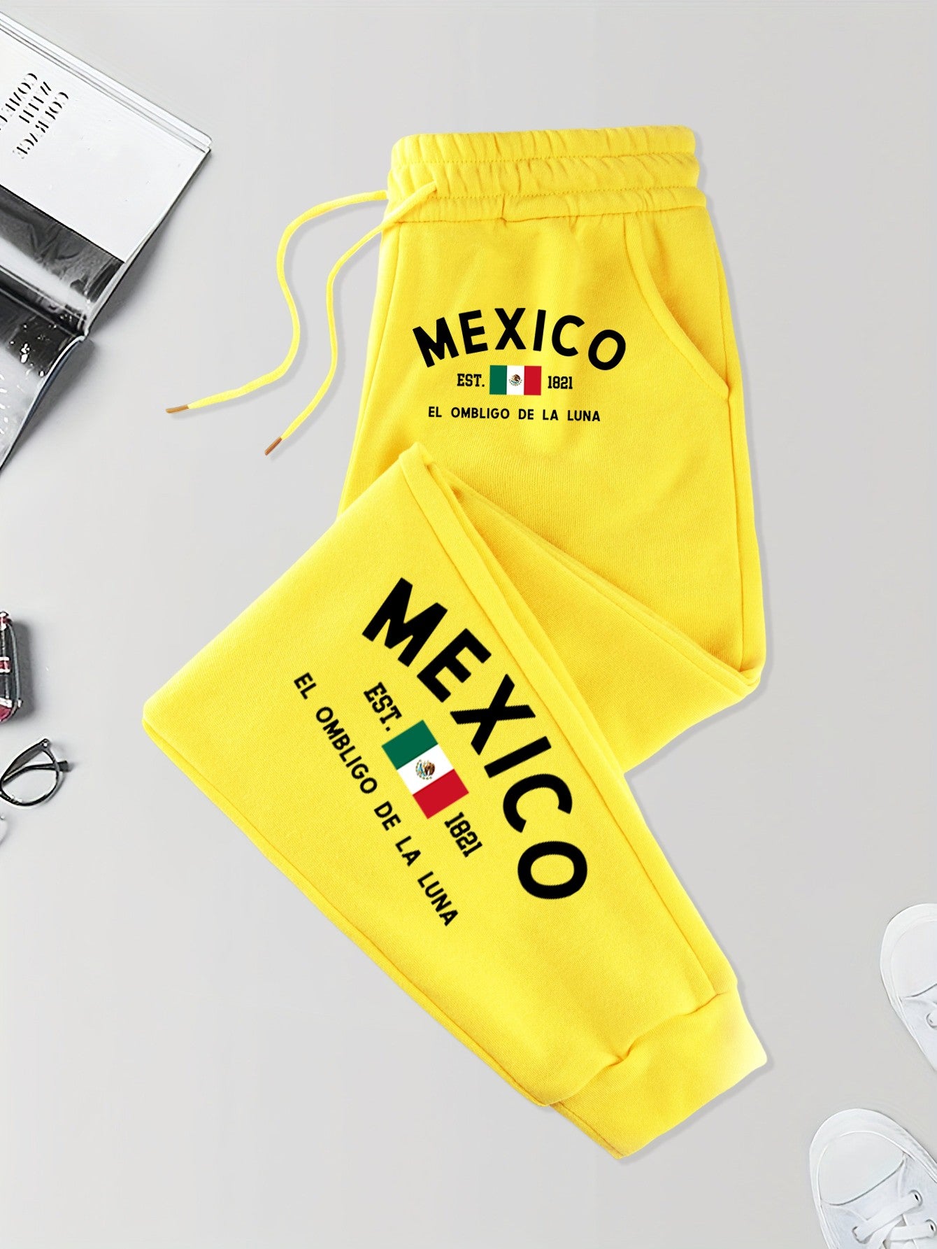 Calça de Moletom Masculina com Bolso Estampada México e Bandeira Outono Elástico na Cintura Calças Confortáveis de Rua Calça de Jogging Básica Longa