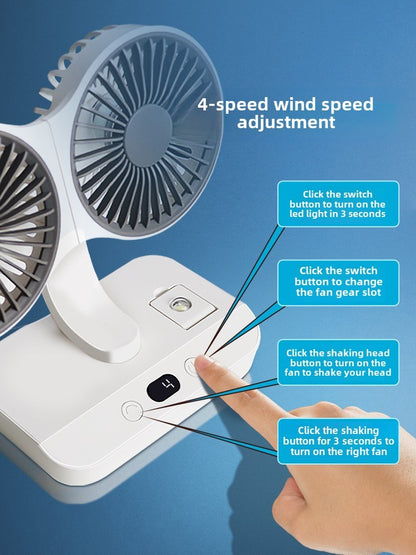 Multi Function Double Head Shaking Fan with 4 Gears Adjustable Speed HD Digital Display Night Lights Portable Cooling Fan