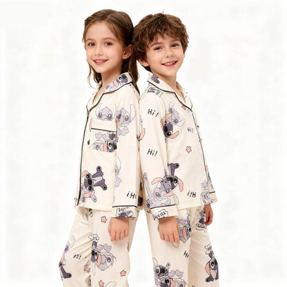 2pcs Stitch Print Kids Pajama Set for Boys and Girls Long Sleeve Top & Pants Set Stitch Lilo Comfy Set Button Down Loungewear