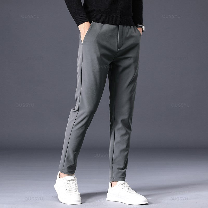 Winter Warm Men's Fleece Pants Thick Business Stretch Slim Fit Elastic Waist Jogger Korean Classic Black Gray Blue Trousers Male