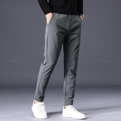 Winter Warm Men's Fleece Pants Thick Business Stretch Slim Fit Elastic Waist Jogger Korean Classic Black Gray Blue Trousers Male