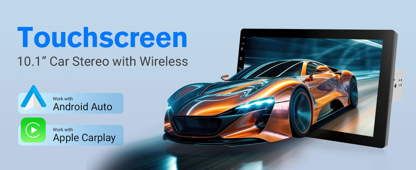 Haudio 10.1" Rádio Automotivo Rotativo de 1 Din, Tela Sensível ao Toque com Carplay e Android Auto Sem Fio/GPS/BT 4.1/Câmera de Ré/FM