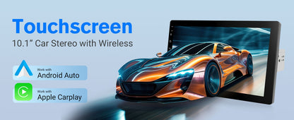 Haudio 10.1" Rádio Automotivo Rotativo de 1 Din, Tela Sensível ao Toque com Carplay e Android Auto Sem Fio/GPS/BT 4.1/Câmera de Ré/FM