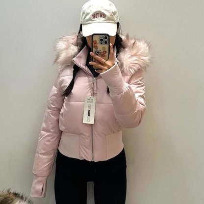 Fashion Women's Cotton Jacket Fur Collar Zipper Slim Waist Pocket Warm Thicken Coat Autumn Winter Hooded Jacket Lady Outwears