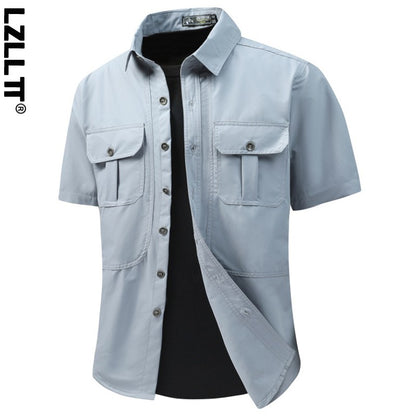 Summer Men Short Sleeve Cargo Breathable Shirt Man Casual Tactic Military Shirts Men Multi Pocket Outdoor Hike Safari Work Shirt