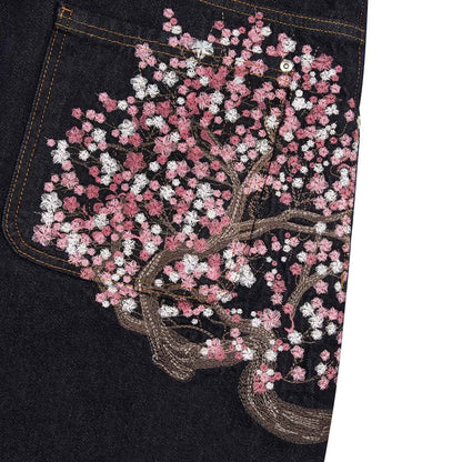 Calça Jeans Y2k Retrô Masculina Casual Larga Reta Wide Leg de Alta Qualidade Streetwear Hiphop com Bordado de Flor de Cerejeira na Bainha