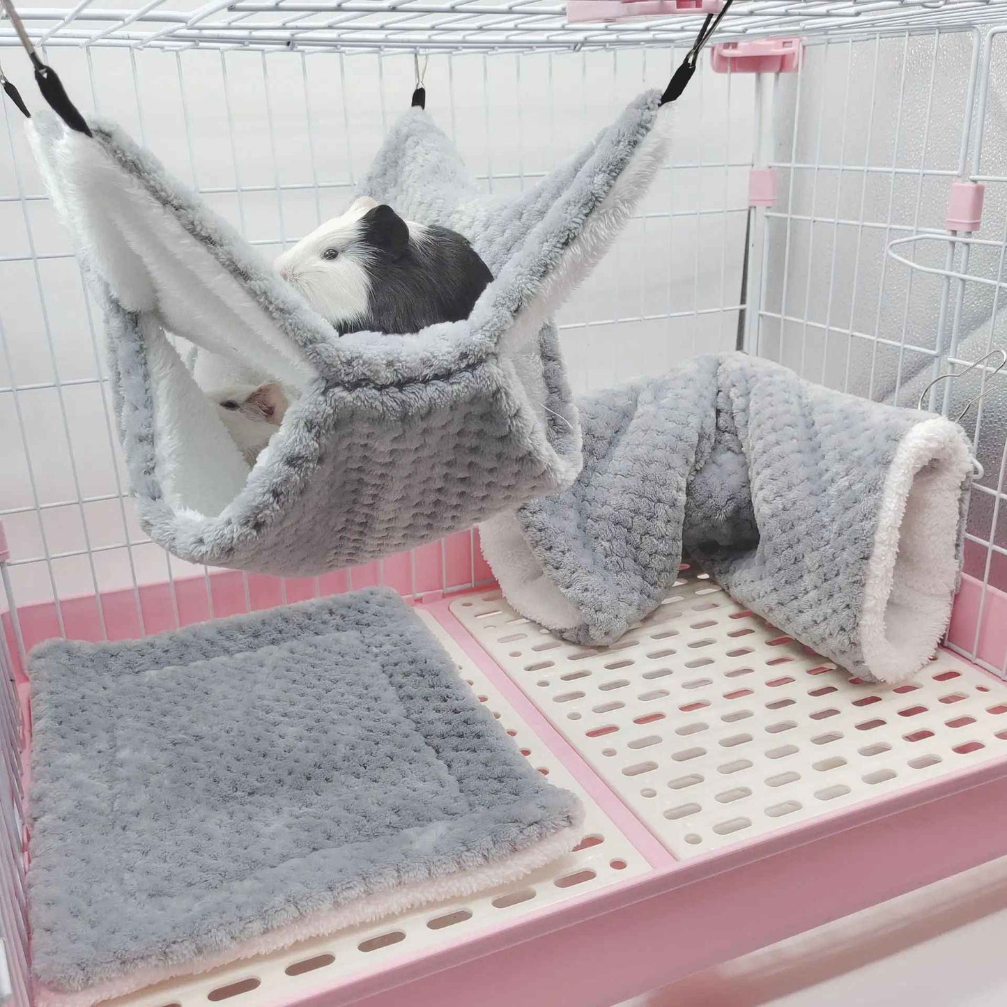 Rede de estimação quente de inverno, rede de hamster de pelúcia espessa de camada dupla, chinchila, porquinho da índia, furão, saco de dormir, gaiola suspensa de hamster