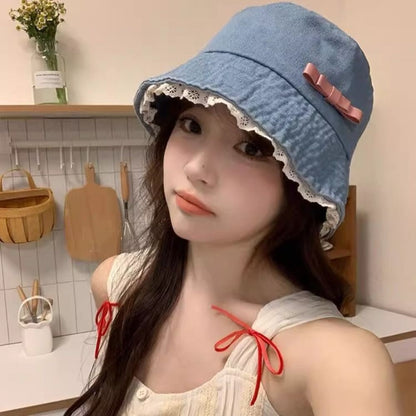 Retro Big Brimmed Denim Bucket Hat Bow Tie Y2K Lace Fisherman Hat Korean Style UV Protection Bow Sunscreen Hat Outdoor