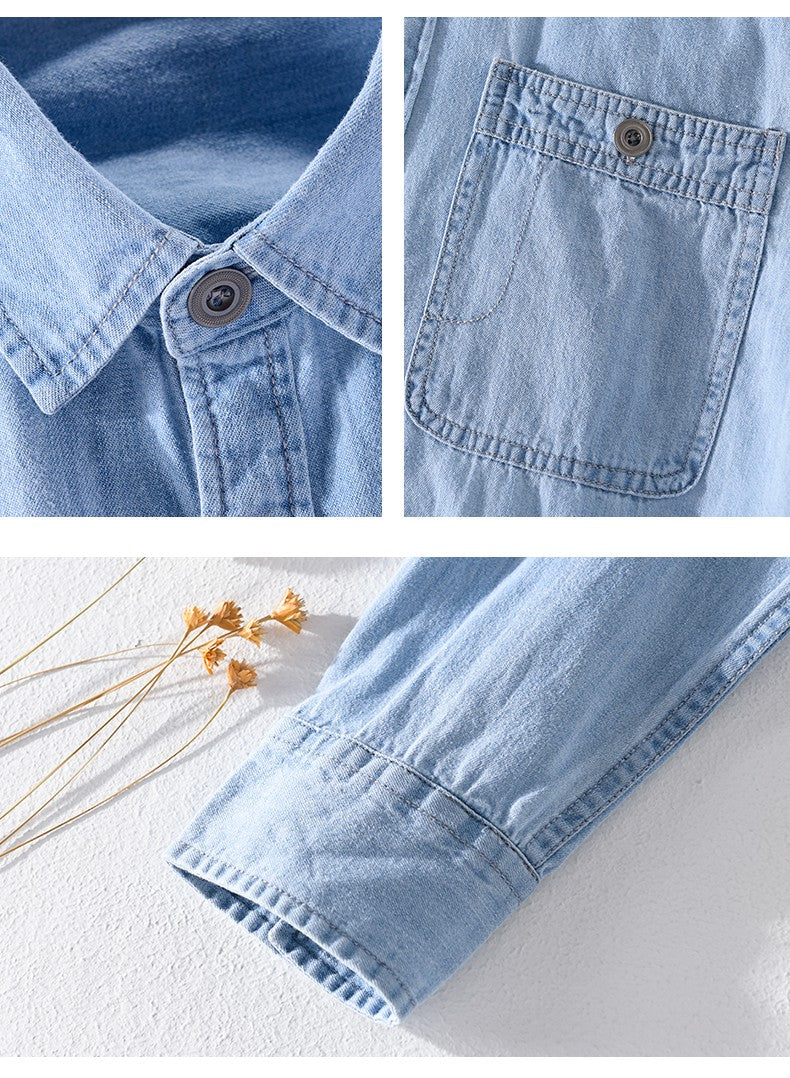 Spring Japanese Sle Loose Casual Long Sve Men's Denim irt Vintage Simple Outerwear Youth Faion Stand Fit Button up