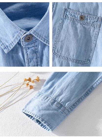 Spring Japanese Sle Loose Casual Long Sve Men's Denim irt Vintage Simple Outerwear Youth Faion Stand Fit Button up