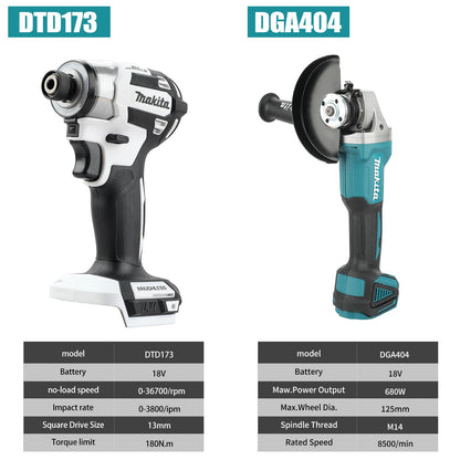 Makita DGA404 18V 125mm Esmerilhadeira Angular Elétrica a Bateria Sem Escova para Corte, Parafusadeira de Impacto DTD173 Sem Escova Ferramenta para Manutenção Automotiva