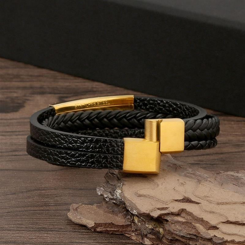 Pulseira de Couro Masculina Punk com Fecho Magnético de Aço Inoxidável Trançado em Camadas Envoltório de Couro Pulseiras Presente Joias Masculinas