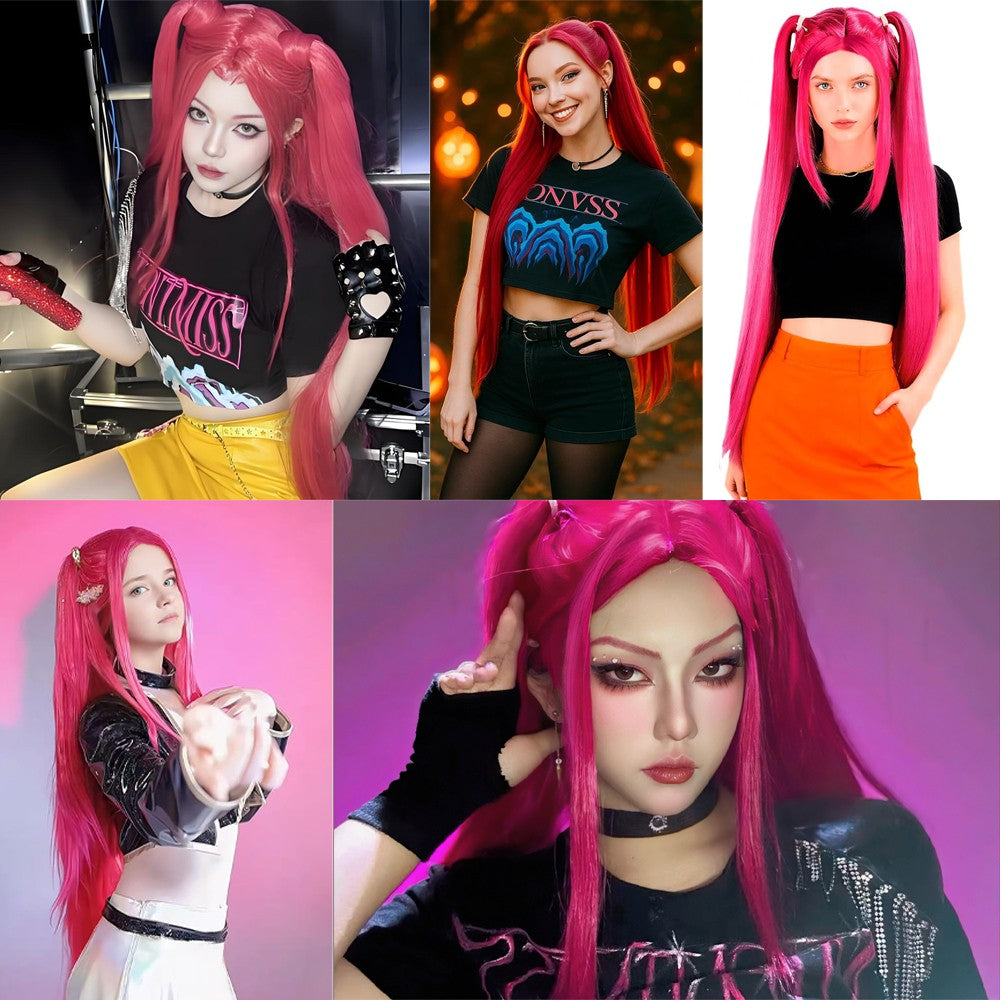 Anime Kpop: Demon Hunters Mila Cosplay Synthetic Hair 38-Inch Rose Red Straight Hair Halloween Daily Party Realistic Scalp Wig