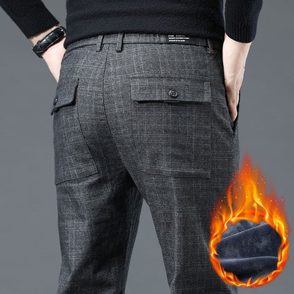 Autumn Winter New Fleece Thickened Casual Pants Men Business Straight Slim Plaid Pants Black Gray Men's Warm Trousers
