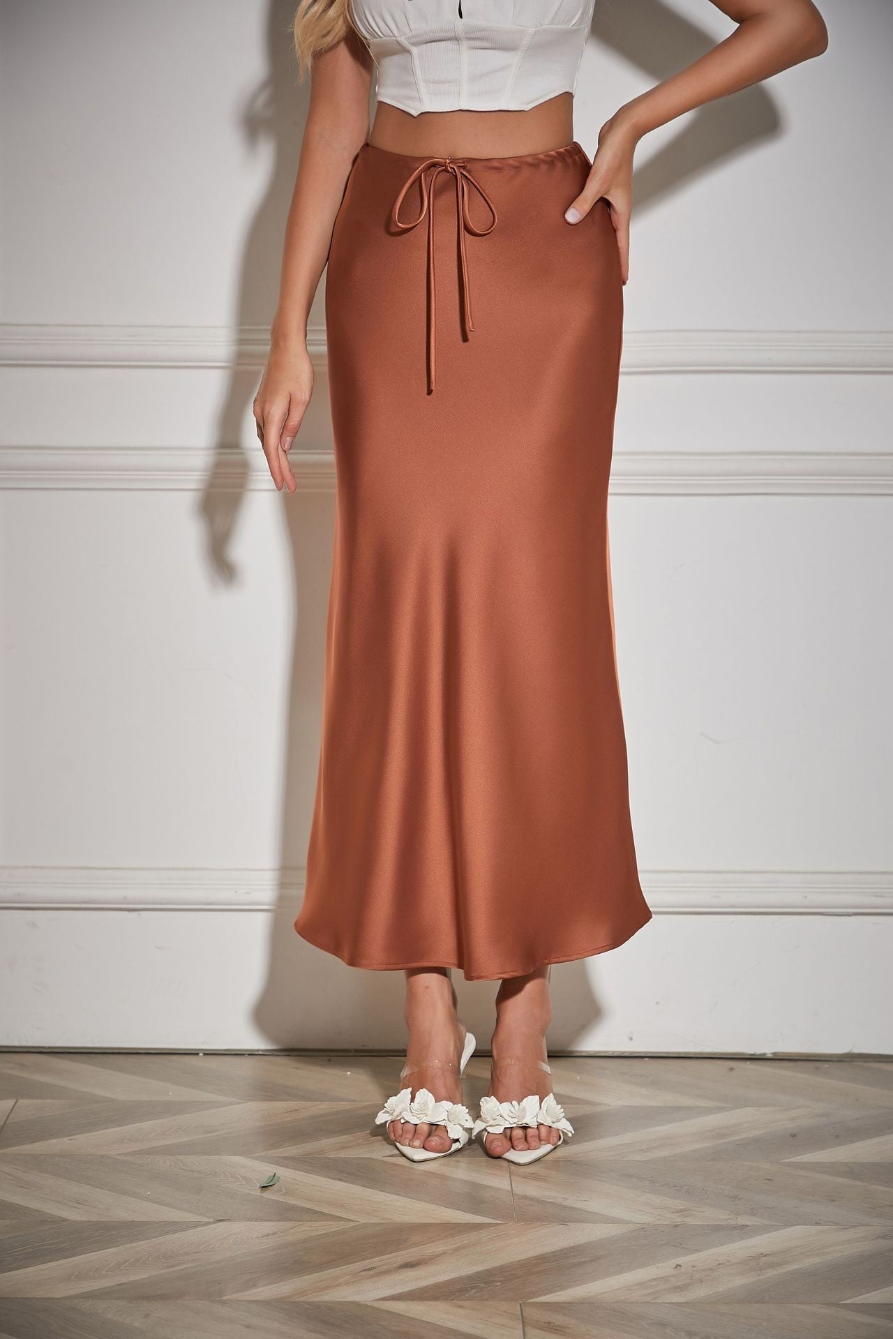 New In 2025 Spring Summer Solid Color Satin Long Skirt For Women High Waist Lace