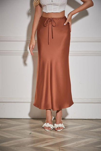 New In 2025 Spring Summer Solid Color Satin Long Skirt For Women High Waist Lace