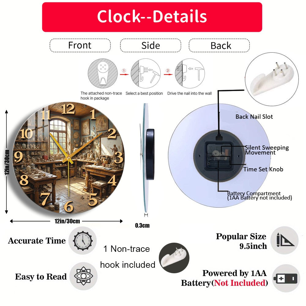 Tempered Glass Wall Clock Antique Studio Interior Scene Suitable For Wall Decor or Tabletop Display Anywhere