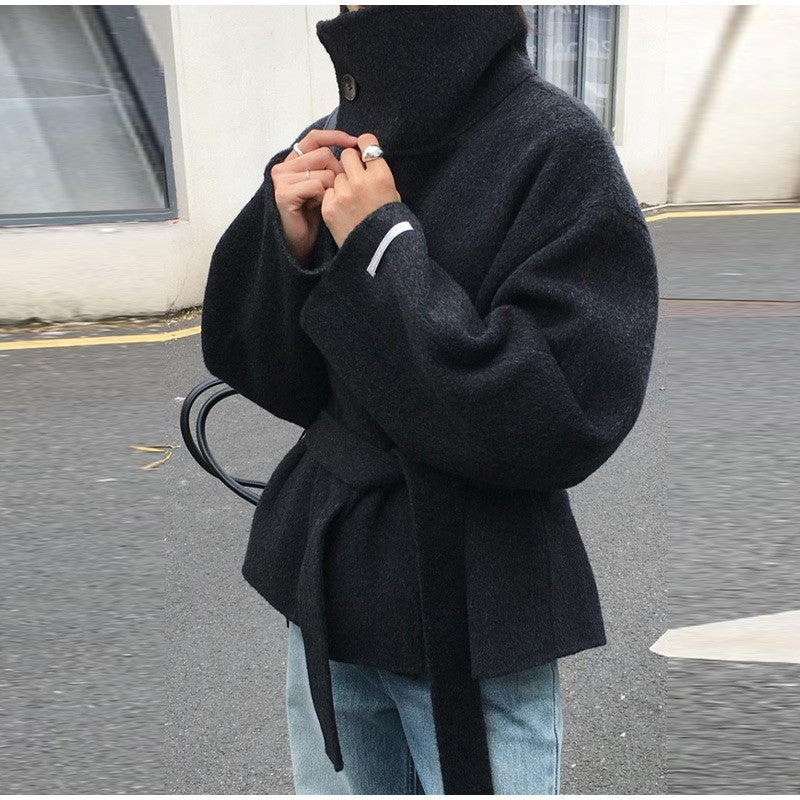 Woolen Solid Women Coat Fashion Belt Patchwork Lace Up Full Sleeve Lapel Lady Jacket 2025 Autumn Winter Female Loose Streetwear