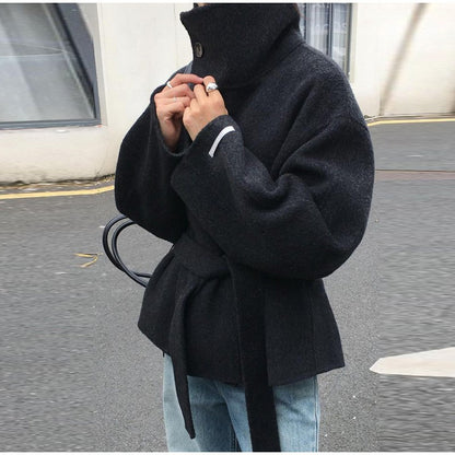 Woolen Solid Women Coat Fashion Belt Patchwork Lace Up Full Sleeve Lapel Lady Jacket 2025 Autumn Winter Female Loose Streetwear