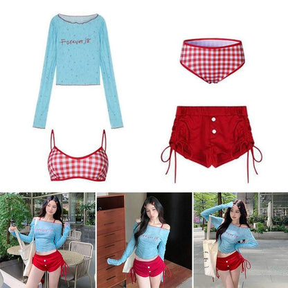 4Pcs/Set Summer Y2k Women's Swimsuit Dopamine Long Sleeve Bikini Set Hot Spring Swimming Sun-proof Crop Tops