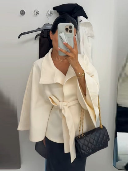 chic vintage cape jacket with belt stand neck single breasted loose coat loose flare sleeve coats early lady autumn Y2K outwears