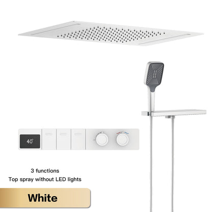Sistema de chuveiro de teto luxuoso em latão cinza escuro com temperatura constante e display digital LED de água quente e fria, torneira de banheiro embutida