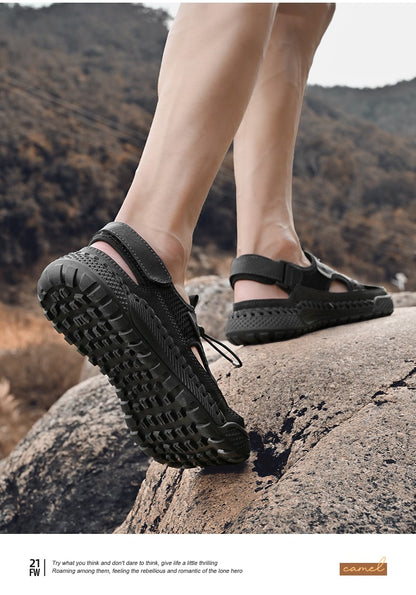 Sandals men's tide summer new style leather toe cap outdoor leisure sports hollow sandals beach shoes Handmade mesh men shoes