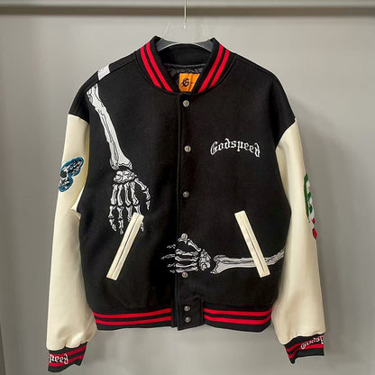 Real Photo GOD SPEED Baseball Jacket American Vintage Patchwork Leather Sleeves Unisex Embroidery Skeleton Jacket Coats
