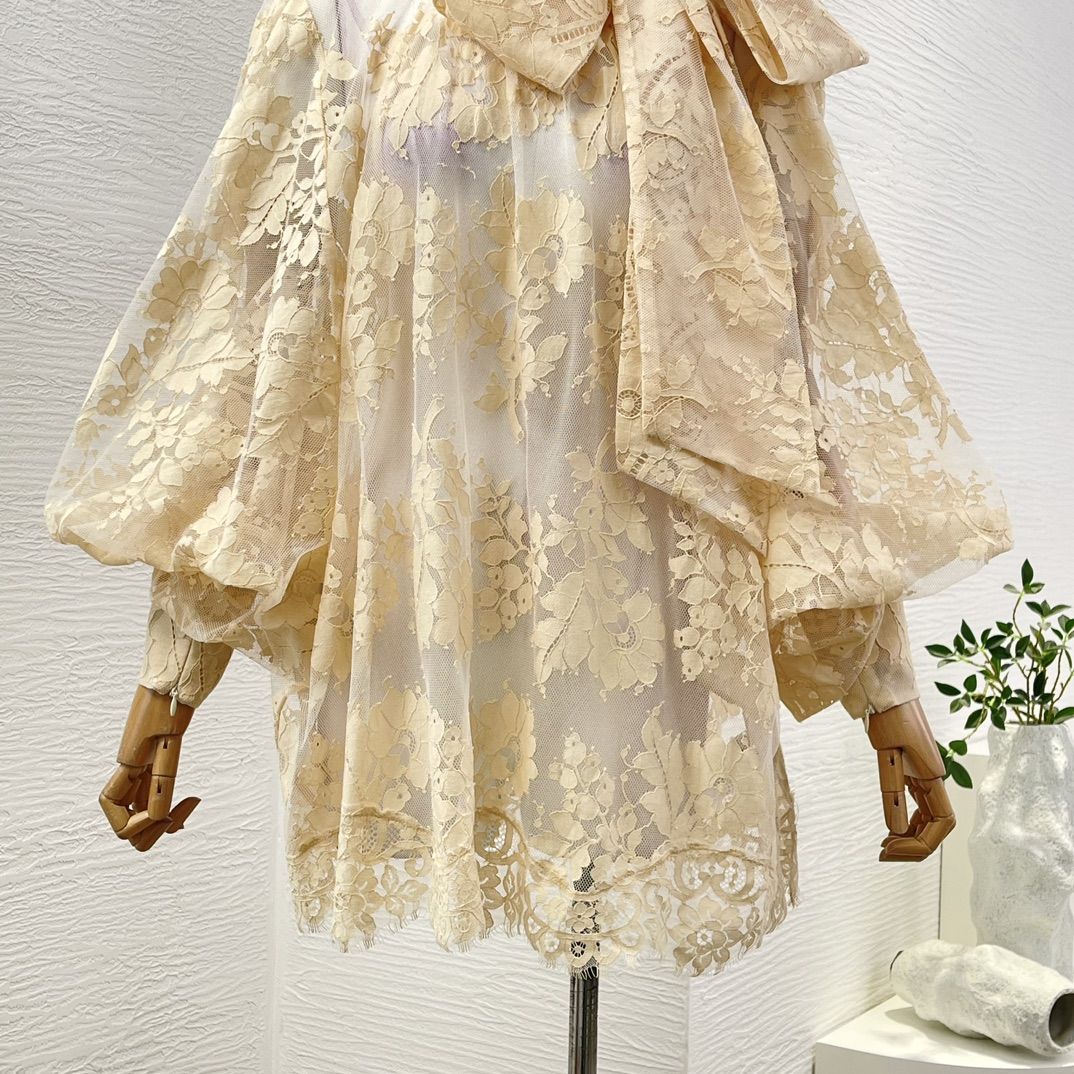 Milk Tea Color Long Sleeve Lace See Through Blouse Tops 2025 New Design