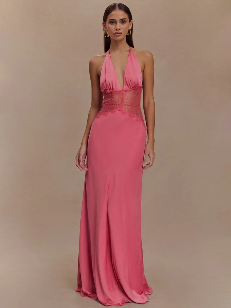 Mozision Summer Backless Sexy Maxi Dress Women Gown Patchwork Lace Halter Deep V