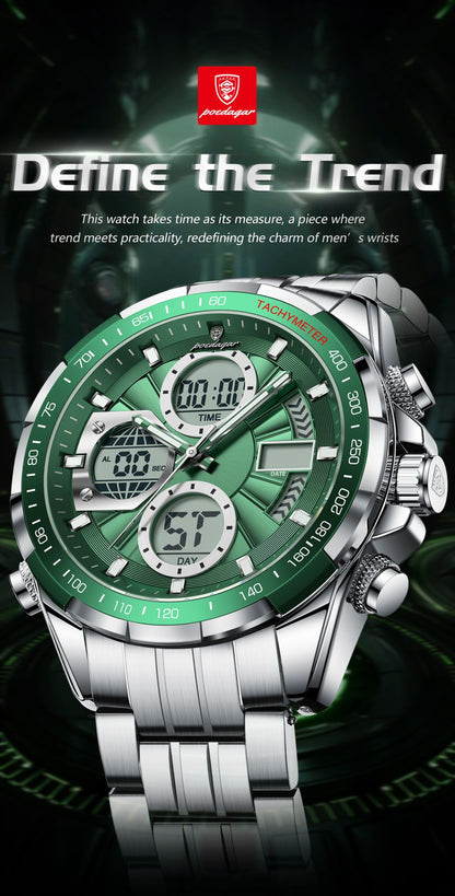 POEDAGAR Top Man Clock Waterproof Electronic LED Luxury Men's Watches Dual Time Display Digital Stainless Steel Men Quartz Watch