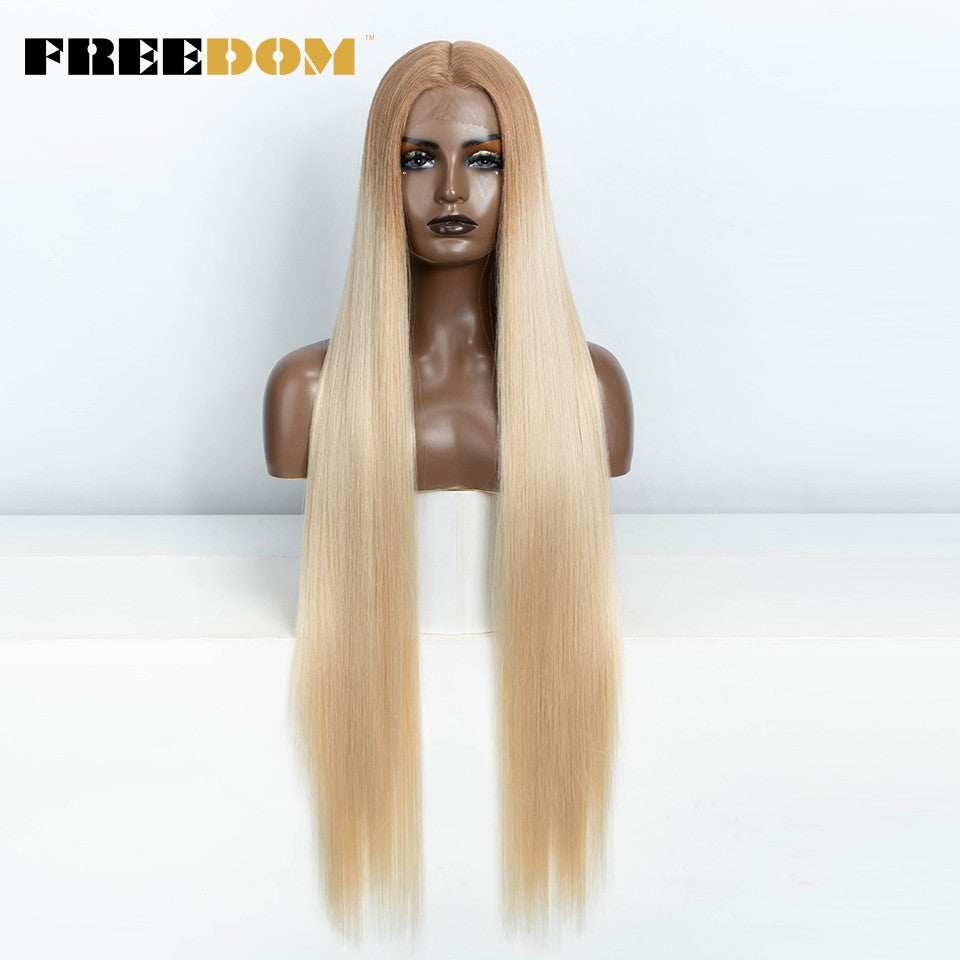 Peruca frontal de renda sintética FREEDOM para mulheres, 38 polegadas, longa, lisa, ombré, marrom, vermelho, gengibre, destaque, perucas frontais de renda, peruca de cosplay