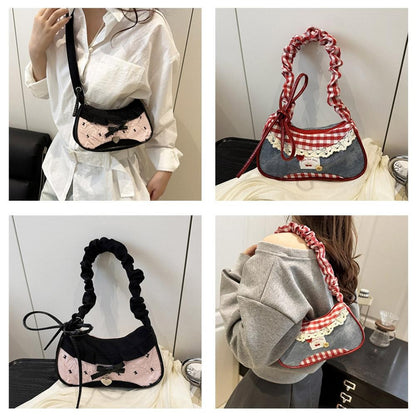 New Cute Checkered Handbags Sweet Lace Underarm Bag Bowknot Armpit Shoulder Crossbody Bag Y2k Fashion Casual Shoulder Bag