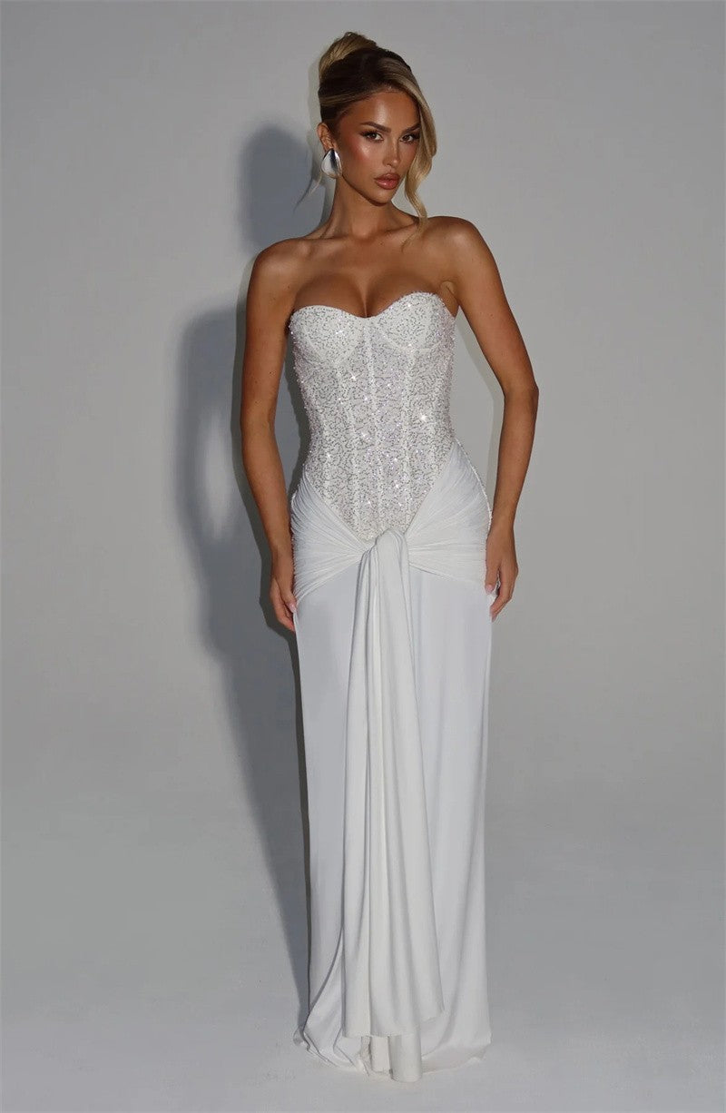 Mozision Sparkle Off-shoulder Sexy Maxi Dress Women Elegant Glitter Strapless Backless Sleeveless Draped Ruched Club Party Dress