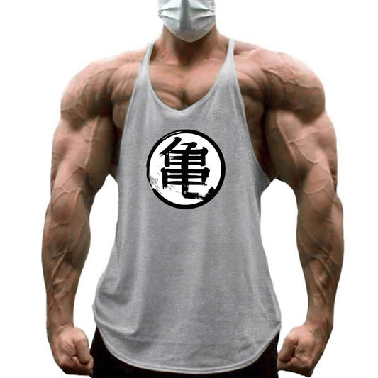 Japanese Anime Turtle Script Printed Mens Y Back Gym Clothing Cotton Fitness Tank Top Bodybuilding Muscle Stringer Singlets