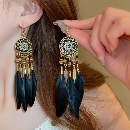 Brincos femininos longos de pena estilo boho, praia, com borla longa, miçangas, flores artesanais esmaltadas, para noiva, casamento, Pendientes Mujer