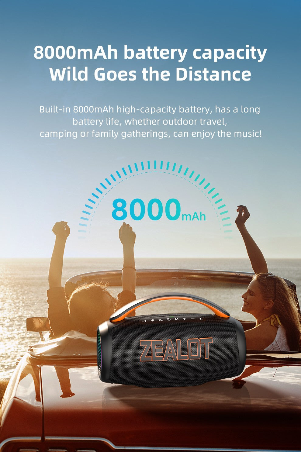 Caixa de Som Portátil Bluetooth Zealot P12 60W com IPX6 à Prova d'Água, Alça Confortável, Iluminação Controlável, TWS, AUX
