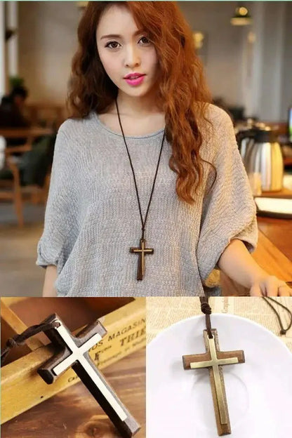 Personality Punk Trendy Cool Gothic Wood Cross Pendant NNecklace for Women Men Vintage Hip Hop Y2k Necklace Party Jewelry Gift