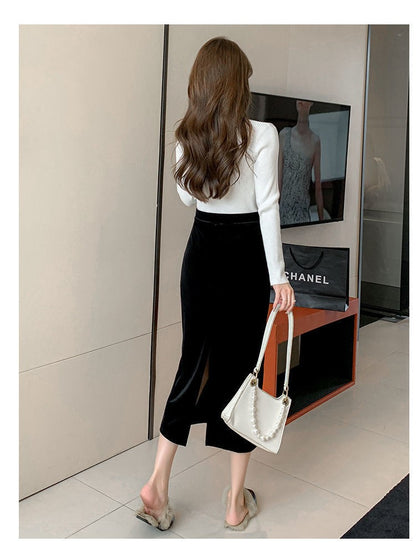 Elegant Velvet Black Long Skirts Women Autumn Winter High Waist Faldas Korean Fahion Clothing Office Ladies Bodycon Midi Skirt
