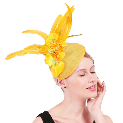 Fascinator Elegante de Lavanda com Flor Amarela Chapéu Derby para Senhora Chapéus de Igreja em Sinamay Fedora de Aba Larga Chapéu para Casamento Festa Vestido XMF320