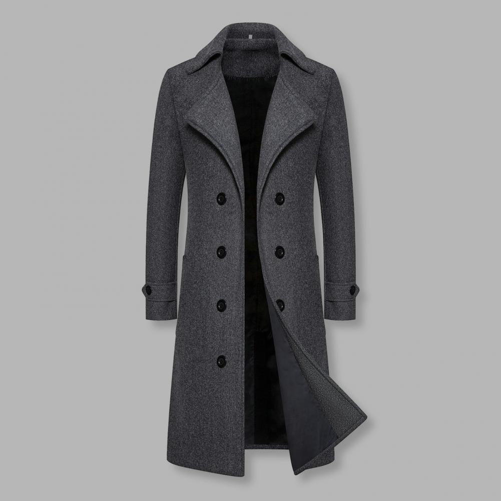 Solid Color Coat Long Coat Double-breasted Men's Mid Length Overcoat with Windproof Warmth Slim Fit Solid Color Cardigan Buttons