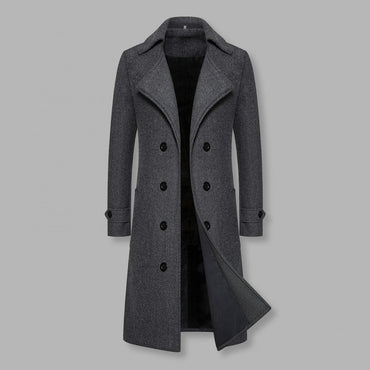 Solid Color Coat Long Coat Double-breasted Men's Mid Length Overcoat with Windproof Warmth Slim Fit Solid Color Cardigan Buttons