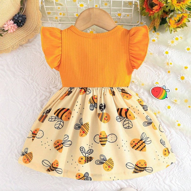 (0-3 Year Old Baby Girl Dress) Summer New Yellow Little Fly Sleeves Cute Bee Children'S Sleeveless Clothes+Bow Headband