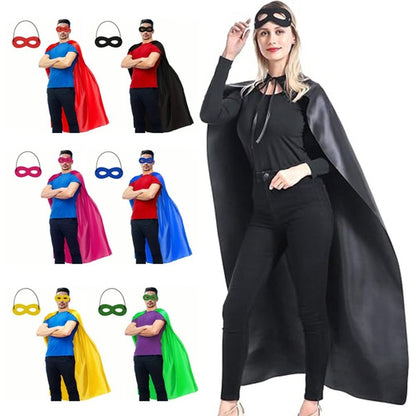 2Pcs/Set Solid Color Adult Superhero Cape with Eye Mask Cosplay Costume Long Cape Halloween Superhero Cloak Clothing Props